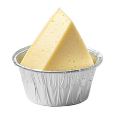 A piece of yellow cheese in a silver foil cup against a black background