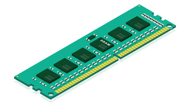 Isometric view of DRAM memory module structure used for AI processing high performance computing and advanced computer systems