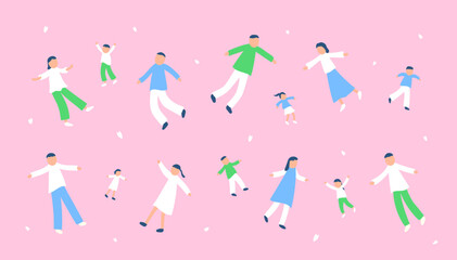 春の宙に浮かぶ人々のイラストセット