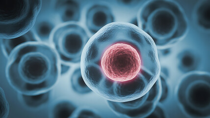 Single biological cell with glowing red nucleus in a cluster of cells biology science