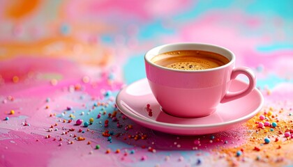 Fototapeta premium Pink coffee cup with frothy espresso on pastel background, surrounded by colorful sprinkles and candy balls.