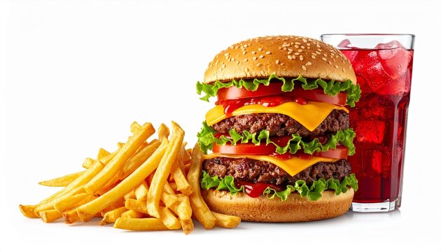 Classic fast food combo with cheeseburger, golden fries, and red drink on dark surface, vibrant and appetizing.