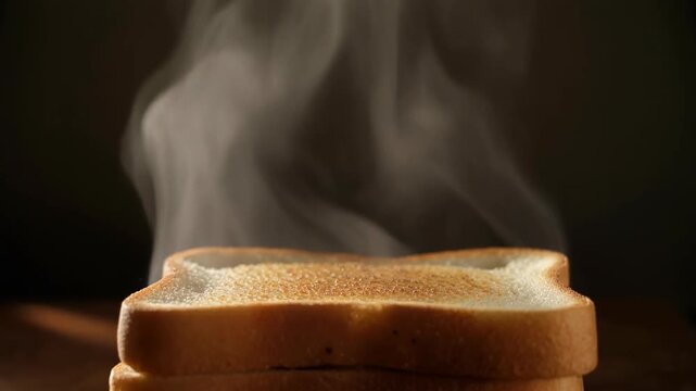 A stack of freshly toasted bread slices emitting steam against a dark background.