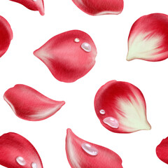 Floral seamless pattern of lush red rose petals adorned with glistening water droplets.Romantic watercolor design with soft textures for Valentine's Day branding,wedding stationery,invitation