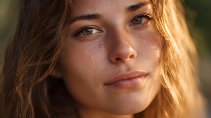 Close up portrait of a young woman s face with glistening tears under warm golden hour sunlight conveying emotion