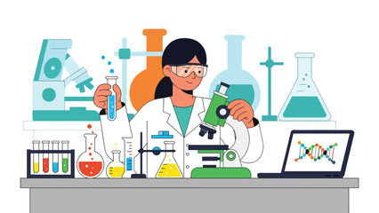Scientists working in a modern research laboratory with test tubes and microscopes, flat vector illustration, ideal for science, research, and education concepts