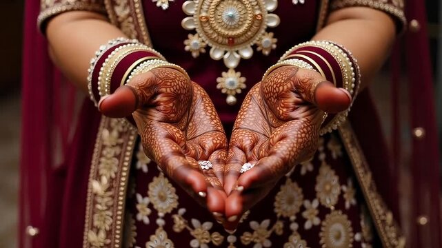 Stunning henna art on bride's hands with diamond rings, ready for the traditional wedding ceremony, celebrating love and commitment in vibrant color