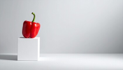 Single red bell pepper with green stem on light gray surface, fresh and vibrant against neutral tones.