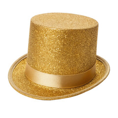 A shimmering golden glitter top hat with a ribbon band, perfect for a festive celebration