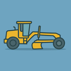 Vibrant yellow road grader on blue background for construction