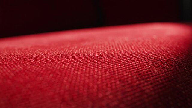 Detailed close-up of a rich red cinema seat fabric texture with interwoven threads and soft lighting