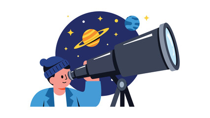 Astronomy research with telescope and planets, modern flat vector illustration, ideal for space science, education, and exploration themes