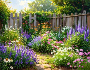 A vibrant garden bursts with colorful blooms, a rustic wooden fence frames the verdant scene, bathed in warm sunlight
