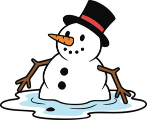 Vector illustration of a cute cartoon snowman wearing a top hat, half-melted into a blue puddle of water.