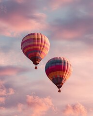 Fototapeta premium Two hot air balloons drifting close together at sunrise against a pastel sky, symbolizing romance and shared adventure.