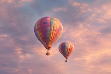 Naklejka premium Two hot air balloons drifting close together at sunrise against a pastel sky, symbolizing romance and shared adventure.