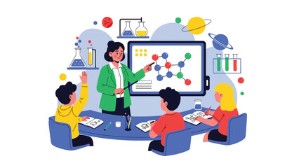 Vector illustration of a science teacher guiding children during a classroom chemistry experiment, showcasing STEM education, teamwork, and hands-on learning in a modern school lab