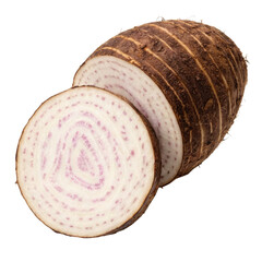Sliced taro root showcasing its unique purple patterns on a dark background