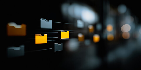 Digital files connected by lines against a dark background, representing data management and networking concepts.