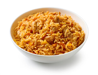 bowl of spicy rice with chicken meat and carrots