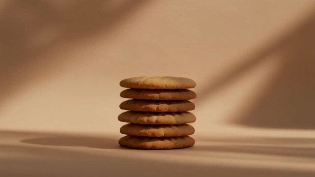 A stack of six golden brown cookies sits on a plain beige surface with soft shadows cast from the side.