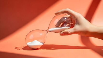 Hand Holding Hourglass with Sand Pouring on Coral Background