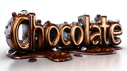 Le mot " Chocolat " en 3D, dans un style gourmand de p&acirc;tisserie artisanale, avec du chocolat fondu sous les lettres, sur un arri&egrave;re-plan blanc