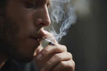 Young caucasian adult male smoking cigarette in contemplative mood