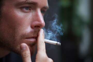 Fototapeta premium Young caucasian male smoking cigarette close-up with focused expression