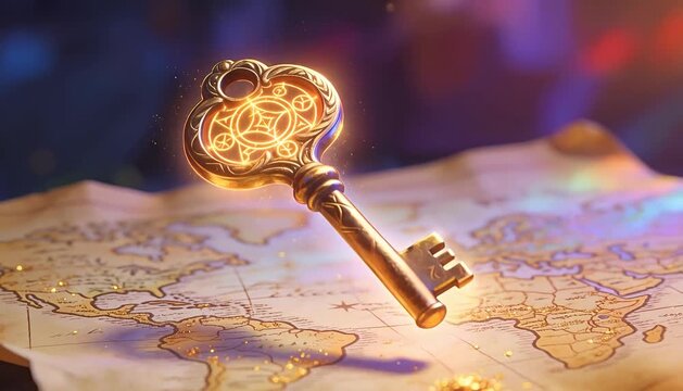 A mystical golden key and ancient world map for magical adventure and discovery quest golden key, magical key.