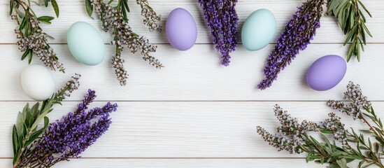 Easter eggs with lavender and greenery.