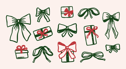 Vintage Christmas vector illustrations set. Whimsical coquette bows and gift boxes holidays clipart