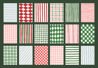 Vintage Christmas holidays vector backgrounds set. Decorative retro checkered, striped, plaid festive textures