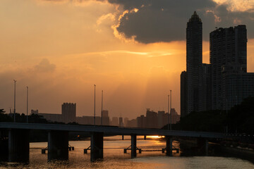 sunset over the city in autumn
