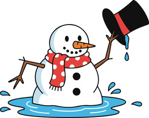 Vector illustration of a cheerful melting snowman standing in a blue puddle, tipping his top hat while wearing a red polka-dot scarf.