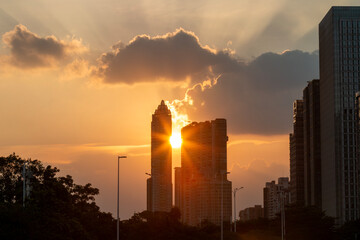 sunset over the city in autumn