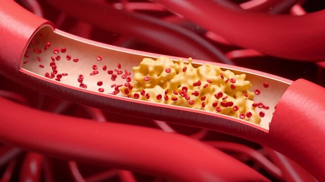 Illustration of a narrowed blood vessel with red blood cells and fatty deposits