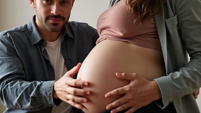 Excited dad-to-be touching pregnant belly, anticipating newborn arrival with joy and love during intimate moment, celebrating family expansion