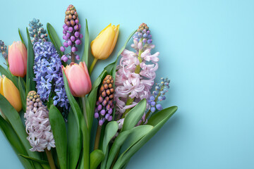 Spring Flowers Bouquet on Blue Background with Copy Space