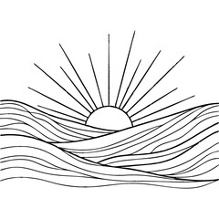 Obraz premium Sunrise over the Ocean: A minimalist pen sketch captures the serene moment of sunrise over the ocean. The sun, depicted with radiating lines, gently rises above the undulating waves.