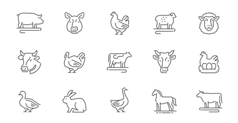 Farm animals line icons set. Farming industry concept. Symbols or signs for website and packaging design
