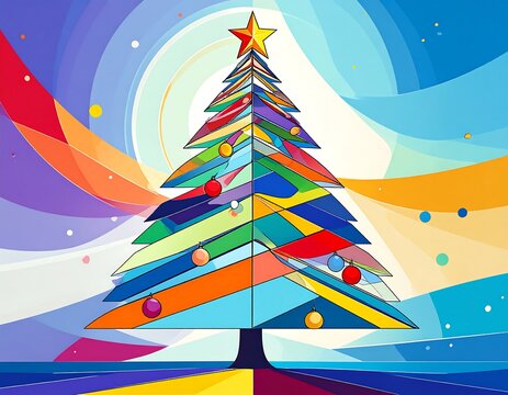 A vibrant, geometric Christmas tree with a star topper and colorful ornaments, set against an abstract backdrop of swirling lines - Powered by Adobe