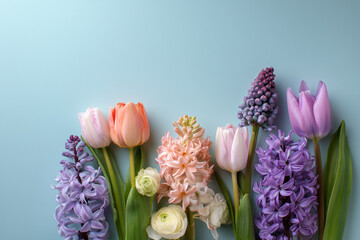 Spring Flowers Border on Blue Background with Copy Space