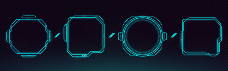 Futuristic HUD frame collection with glowing neon borders and digital interface elements. Tech game UI panels with cyberpunk screen bars, holographic boxes and sci fi frames on dark background.