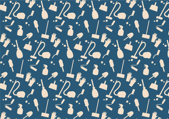 お掃除道具のシルエット柄シームレスパターン素材（レトロネイビー）