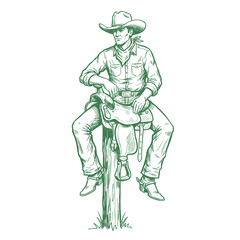 Cowboy resting sketch.Hand drawn western rider.Vintage rancher illustration.Engraving style cowboy art.Man sitting on a saddle post