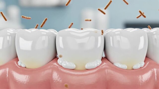 Close up of clean teeth with early plaque and bacteria near gum line, dental cleaning, dental checkup