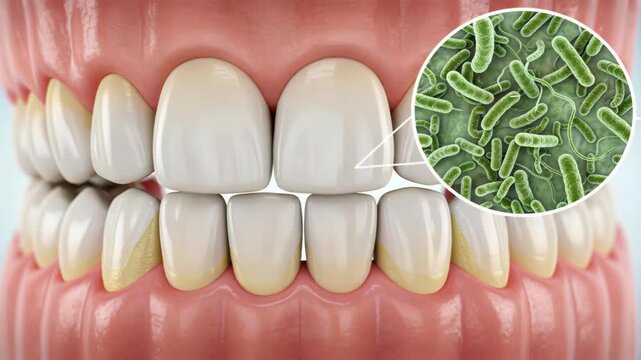 Lower teeth with yellow plaque and zoomed bacteria showing early gum issues, dental cleaning, dental checkup