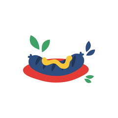 Abstract blue sausage icon.Modern grilled bratwurst.Vector illustration of hotdog.Flat design food graphic.Dinner dish with mustard
