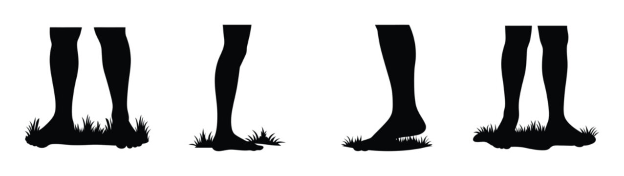 Human Legs Silhouette Collection, Bare Feet on Grass, Outdoor Lifestyle Vector Set